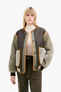 Shearling Leather Wool Bomber - Forest Green / Pale Jade & Natural