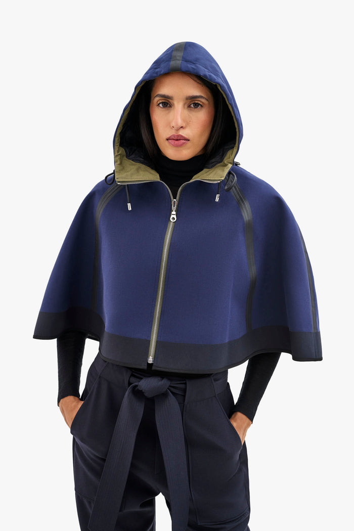 Hooded Rain Cape - Navy / Green Plaid