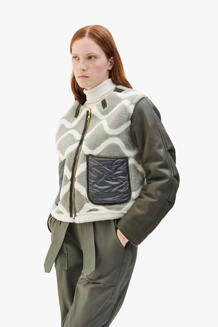 Intarsia Shearling Cropped Aviator Jacket - Taupe / Pale Jade