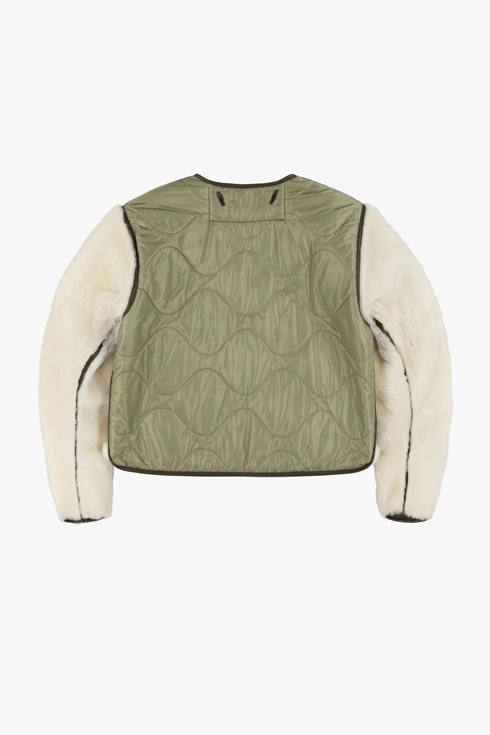 Intarsia Shearling Cropped Aviator Jacket - Taupe / Pale Jade