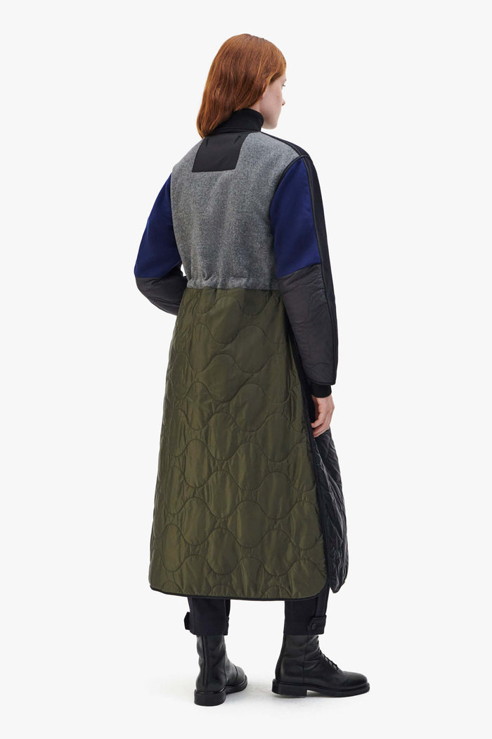 Long Wool Patchwork Quilt Jacket - Navy / Dark Olive