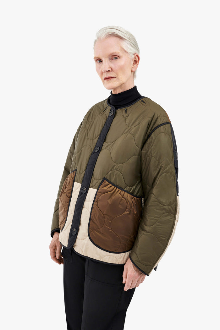 Patchwork Cropped Quilt Jacket - Dark Olive & Cobalt / Anthracite