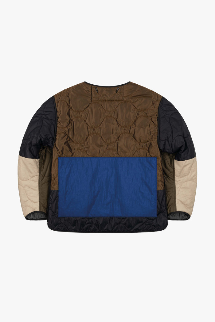 Patchwork Cropped Quilt Jacket - Dark Olive & Cobalt / Anthracite