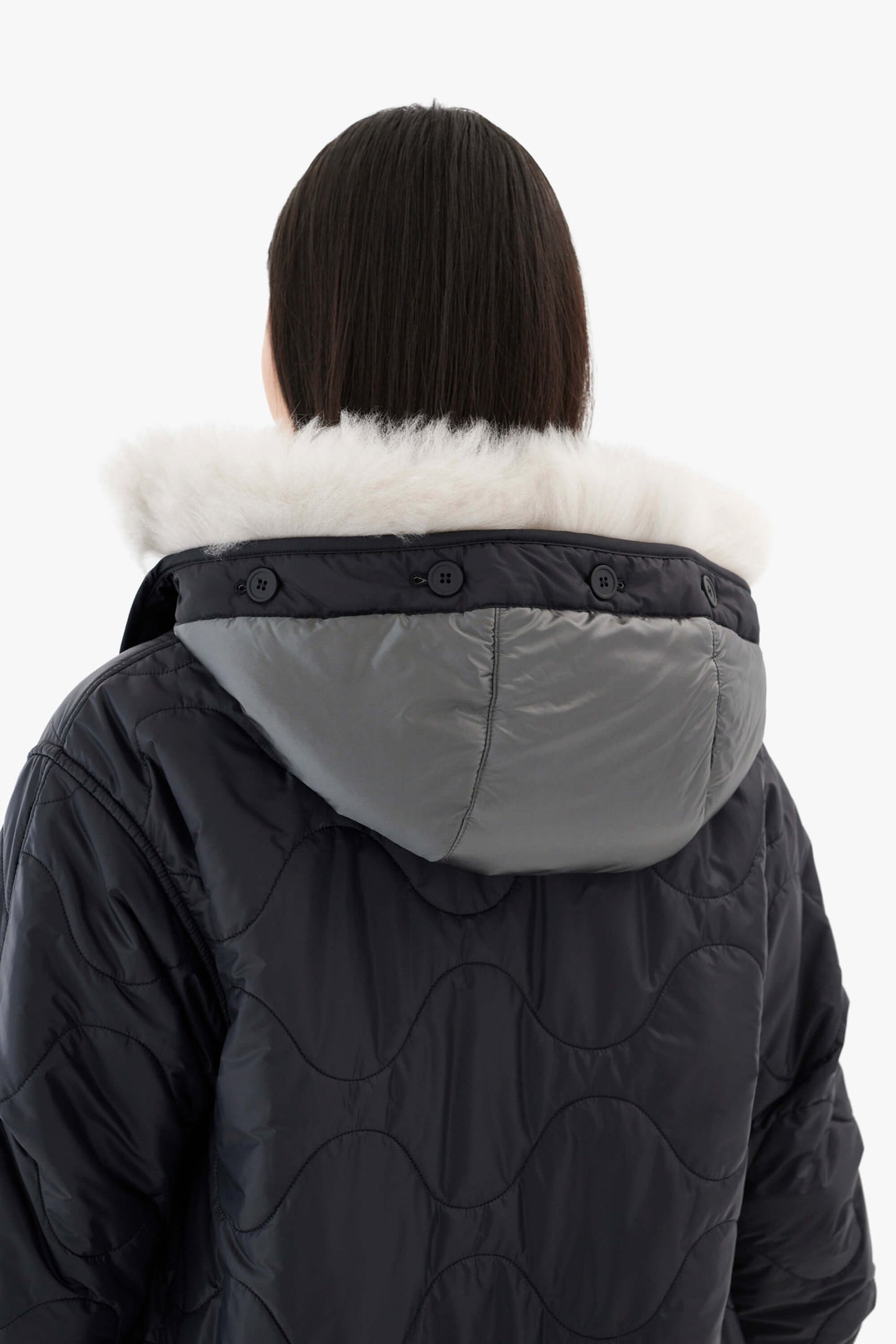 Quilt Hood Shearling Trim - Anthracite / Black