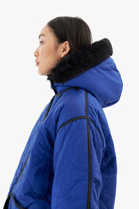 Quilt Hood Shearling Trim - Cobalt / Stone