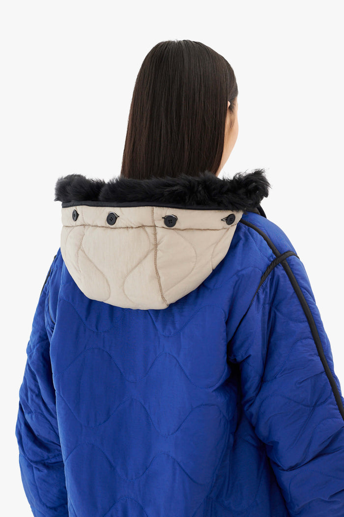 Quilt Hood Shearling Trim - Cobalt / Stone