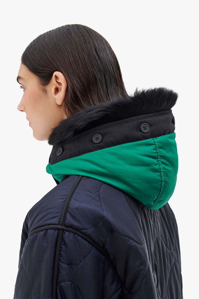 Quilt Hood Shearling Trim - Emerald / Navy