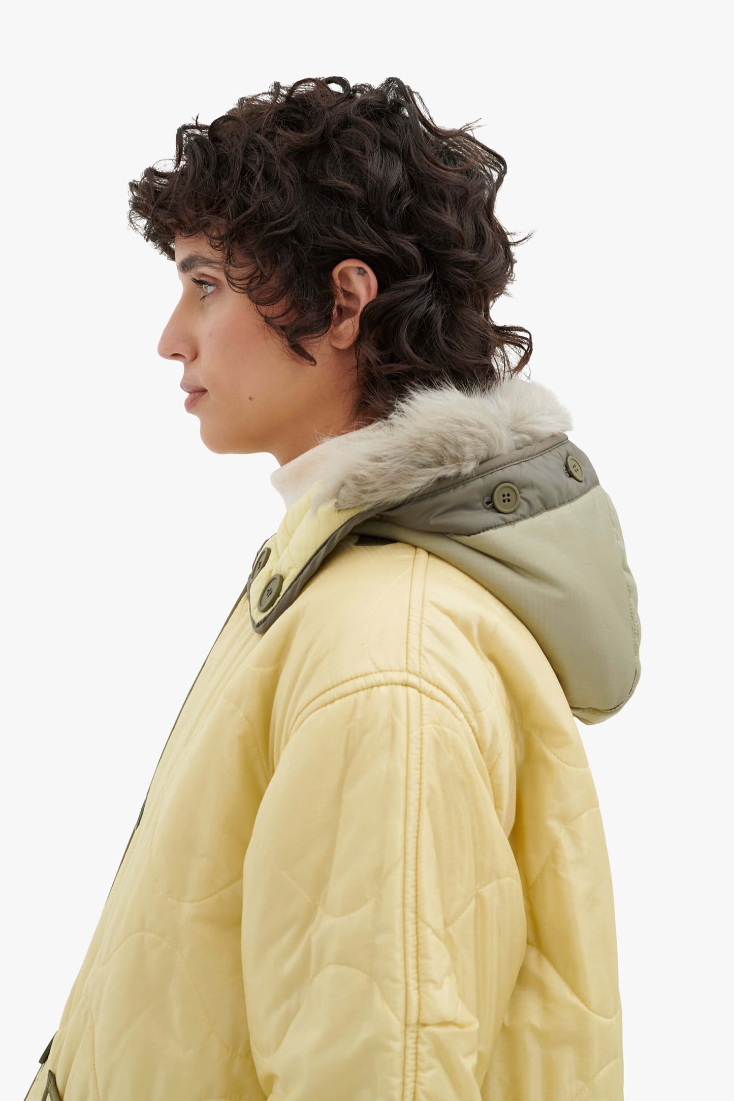 Quilt Hood Shearling Trim - Pale Sage / Pale Yellow