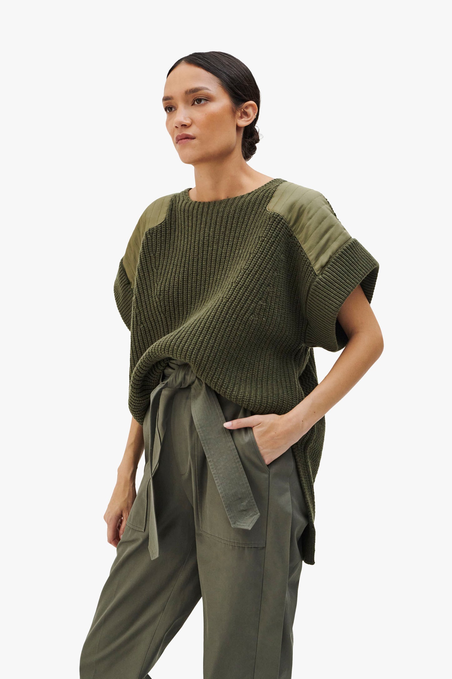 Convertible Rib Crew Jumper - Olive Green