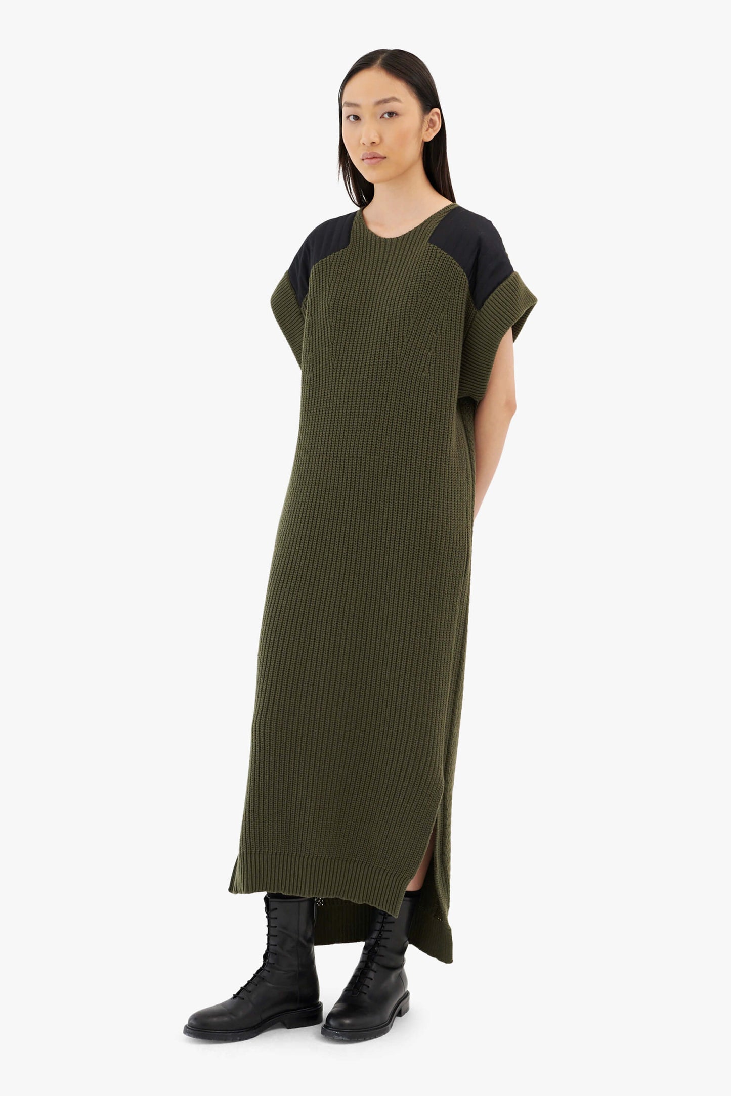 Convertible Rib Crew Dress - Olive Green