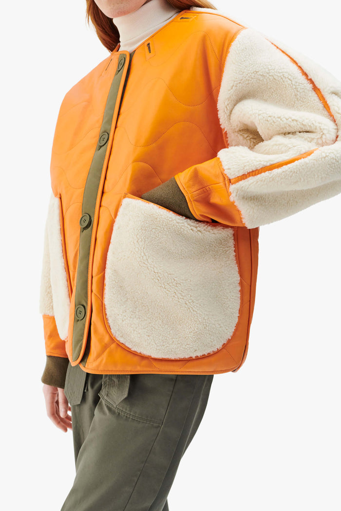 Shearling Leather Quilt Bomber - Orange / Pale Sage