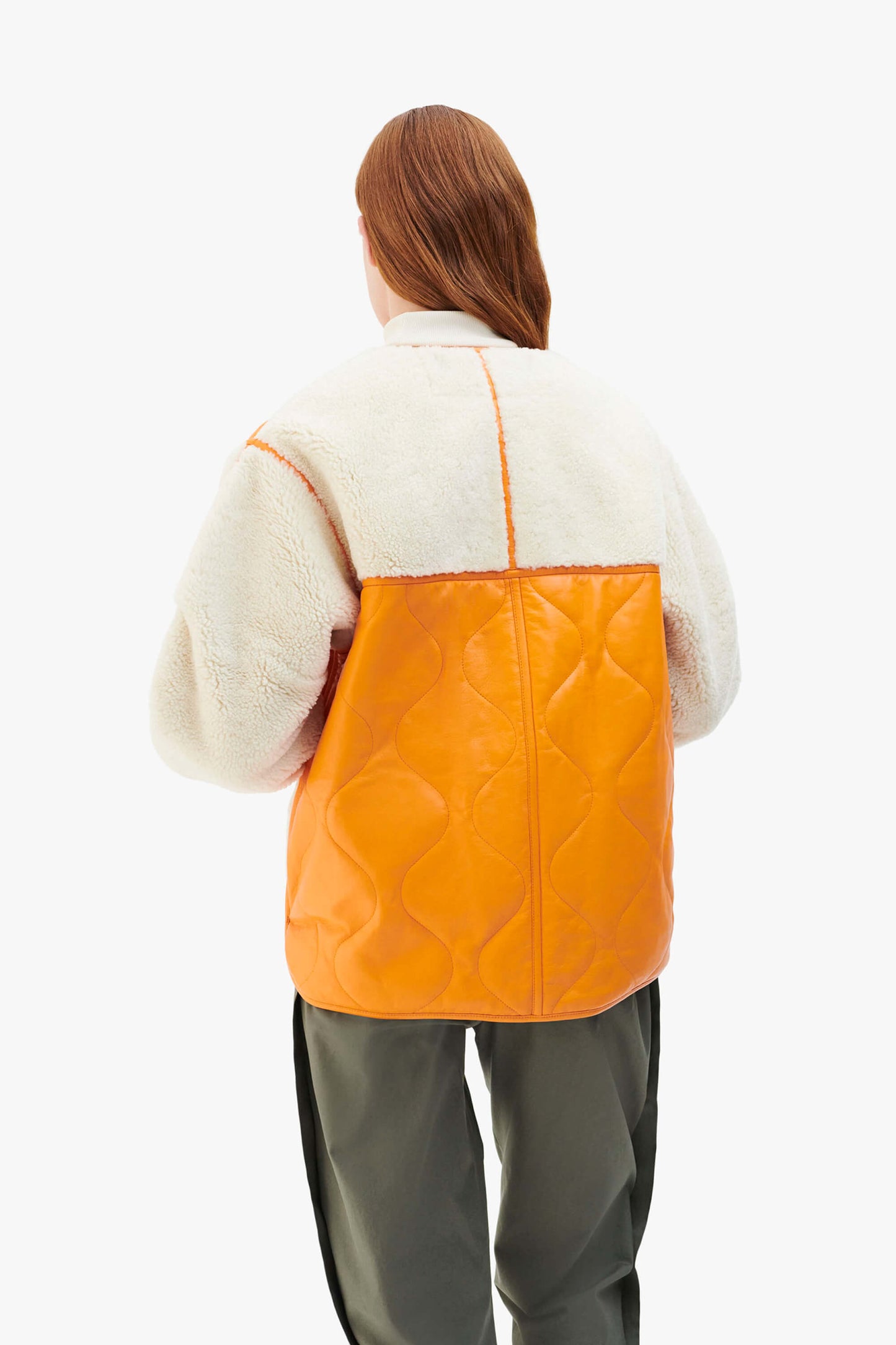 Shearling Leather Quilt Bomber - Orange / Pale Sage