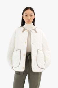 Wool Patchwork Cropped Quilt Jacket - Taupe / White