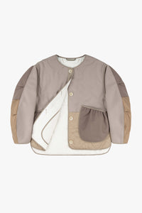 Wool Patchwork Cropped Quilt Jacket - Taupe / White