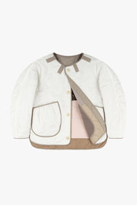 Wool Patchwork Cropped Quilt Jacket - Taupe / White