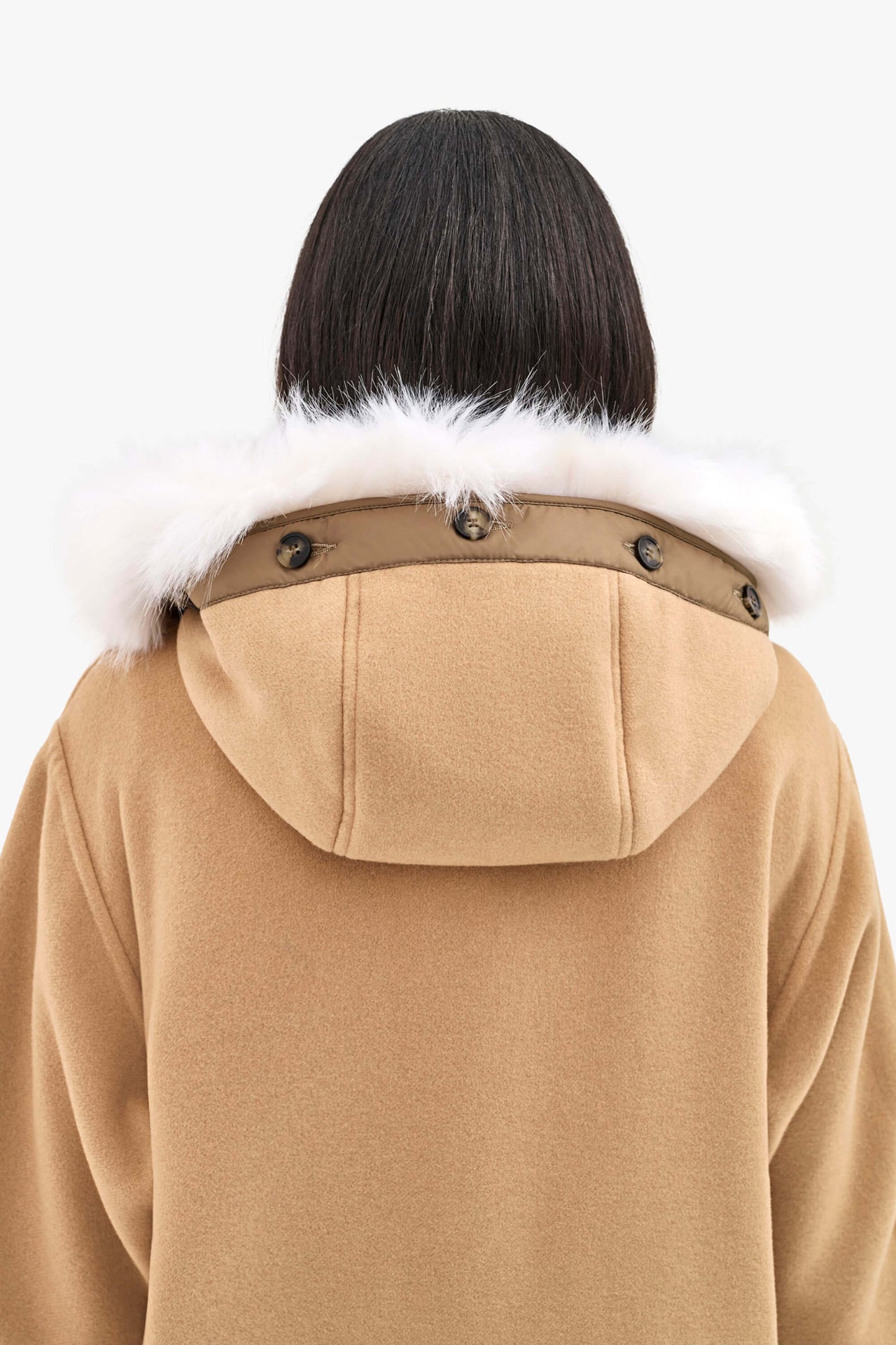 Wool Hood Faux Fur Trim - Camel / Bronze