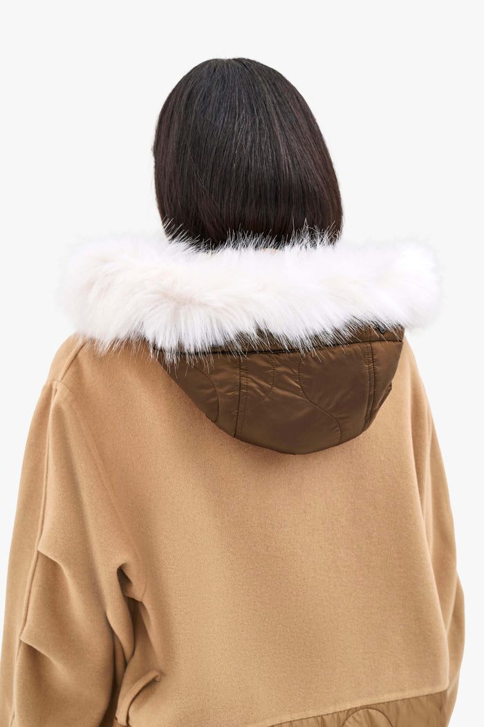 Wool Hood Faux Fur Trim - Camel / Bronze