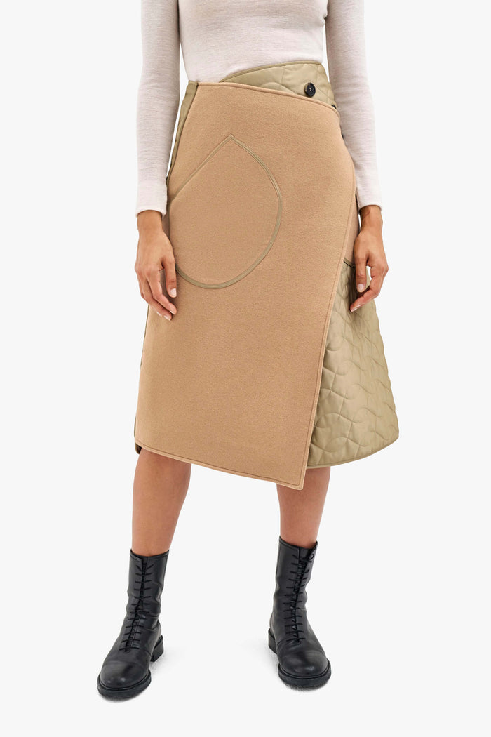 Wool & Satin Quilt Skirt - Camel / Taupe