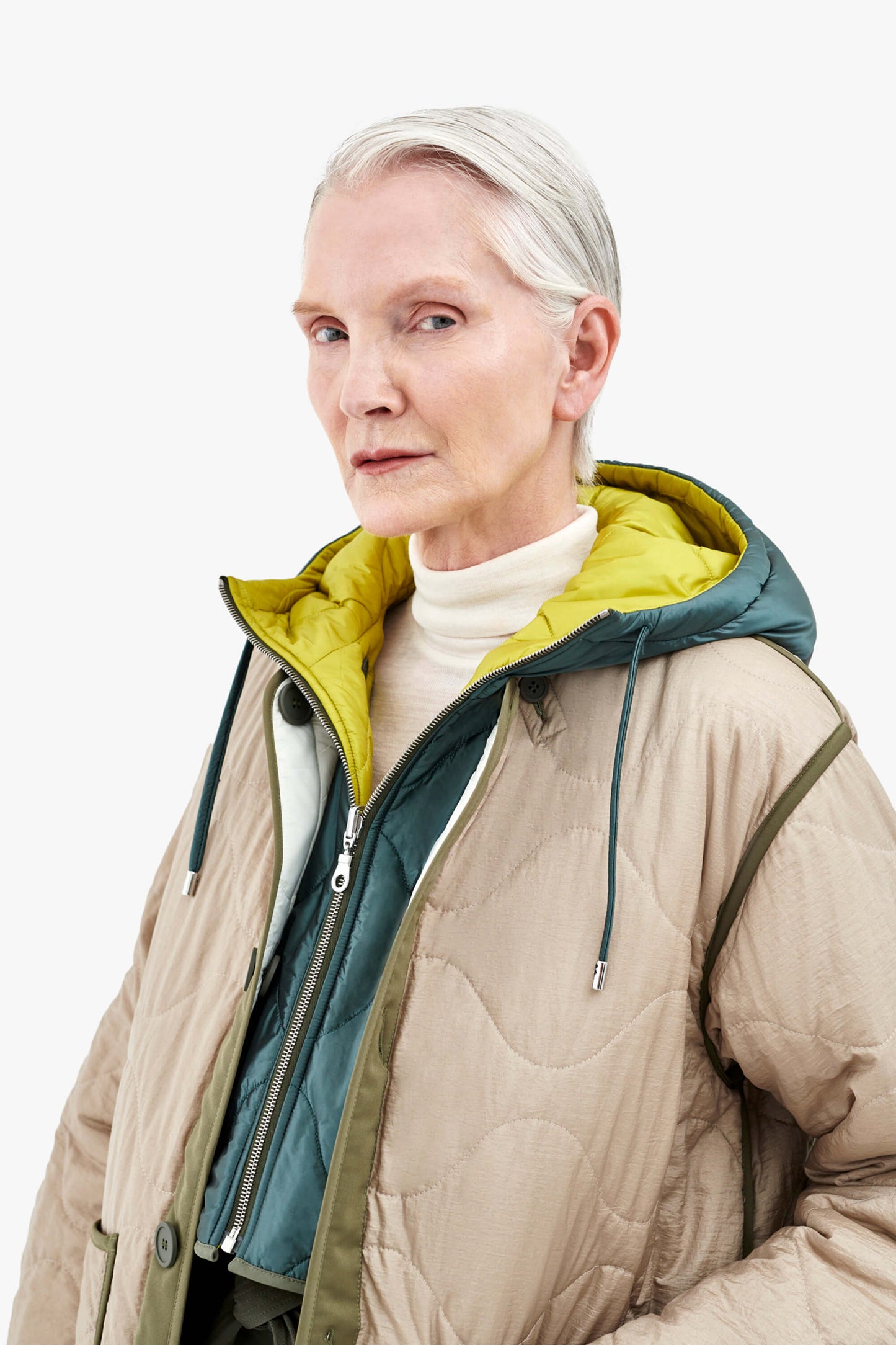 Elements Quilt Zip Hood - Mineral Green / Chartreuse